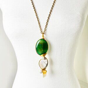 Artisan One-of-a-Kind Boho GREEN AGATE & Pearl Statement Pendant Necklace